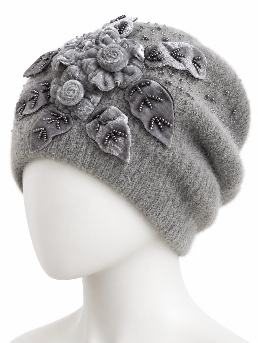 C.C. Exclusives Gray Angora Floral Embellished Beanie Hat One Size